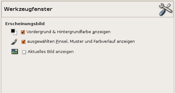 Die Einstellungsansicht, um das Werkzeugfenster anzupassen